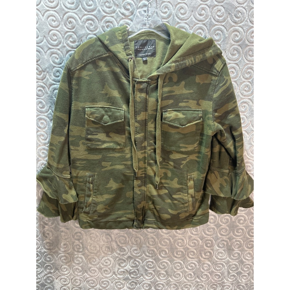 Sanctuary Camouflage Print Hoodie Jacket Ruffled Sleeve‎ Drawstring Zip Front